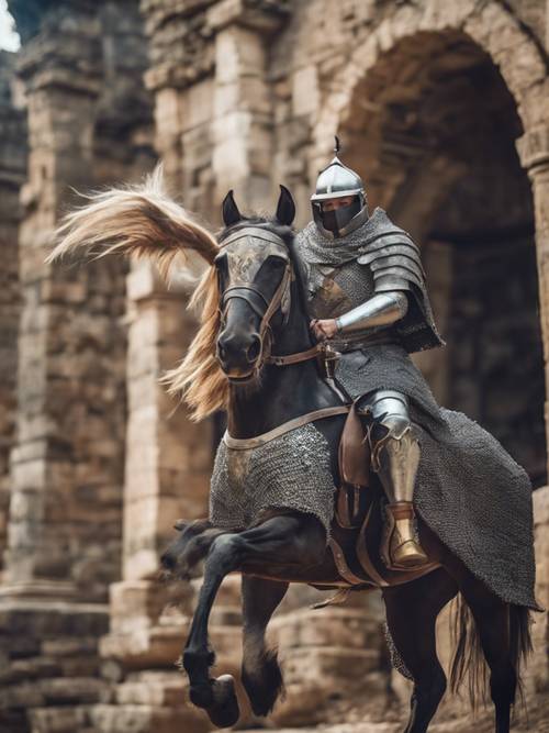 Rider trong bộ áo giáp thời trung cổ cưỡi con ngựa chiến mạnh mẽ giữa những tàn tích cổ xưa.