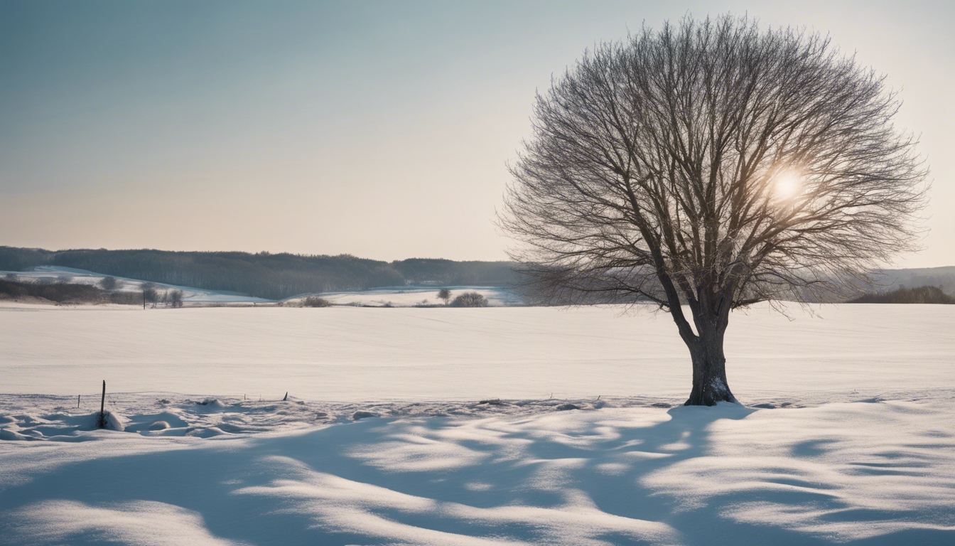 A minimalist landscape showing a lone tree in a snowy field under a clear, bright sky. Wallpaper[e620b2965aa240c1a03a]