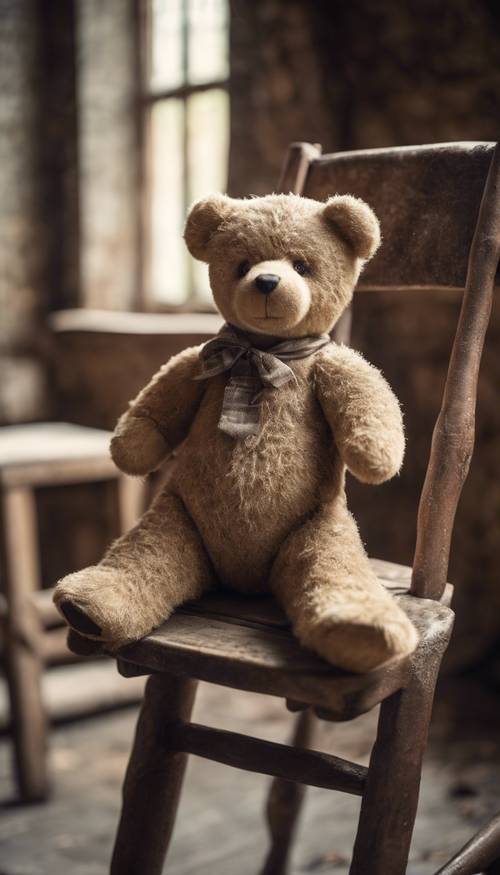 A vintage teddy bear sitting on an old wooden chair in a dusty attic. Tapeta [f373ba1148504ad2ab70]