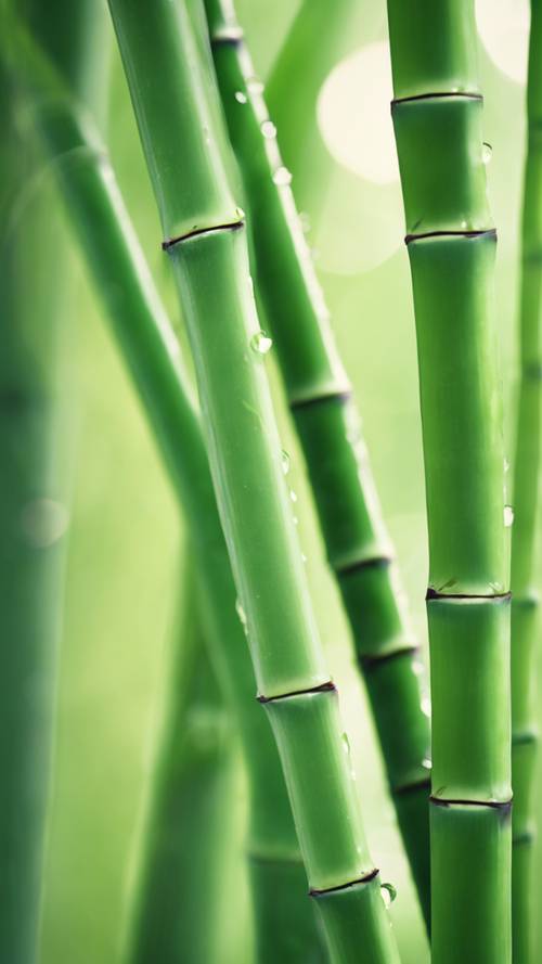 Un gros plan de tiges de bambou vert avec des gouttes de rosée