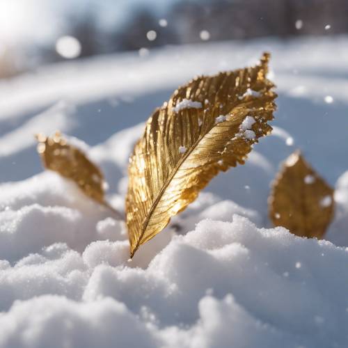 A shimmering gold leaf gracefully landing on the freshly fallen snow.