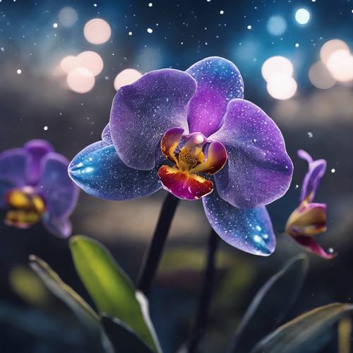 Una orquídea azul brillando bajo el cielo estrellado.