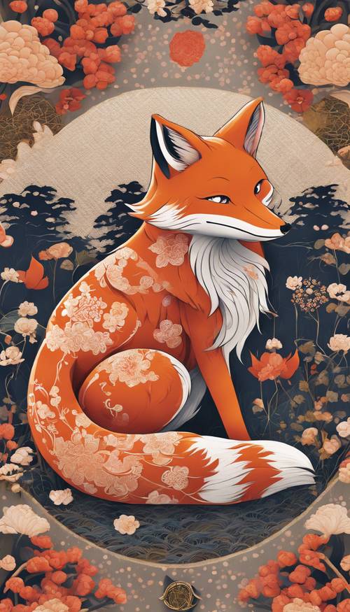 Czarujący japoński wzór przedstawiający magicznego lisa Kitsune z folkloru. Tapeta [65bce99aa8dd4aa3b540]
