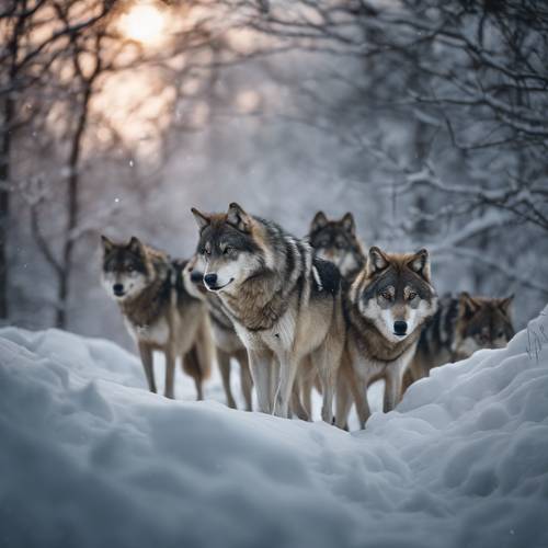 A pack of wolves moving silently through a thick blanket of snow in the moonlight.