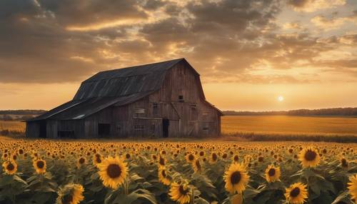 A rustic barn in a sunflower field, with golden sunlight pouring down on the earth from the fall skies.