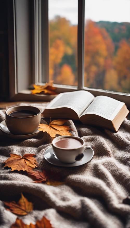 Flanelowy koc obok książki i kubek gorącego kakao, z widokiem na okno z jesiennymi liśćmi Tapeta [081412ed81834a4090c0]