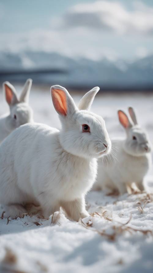 A playful scene of white bunny rabbits hopping around in a snowy plain. Wallpaper [a30afc7009334f019b70]