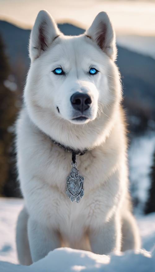 Um husky branco como a neve, com olhos azuis penetrantes, orgulhosamente no topo de uma montanha coberta de neve.