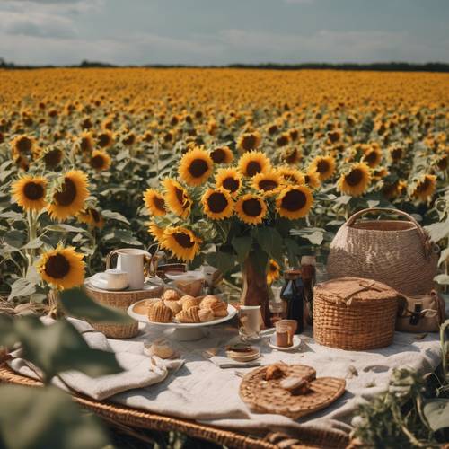 A sunflower field with a boho themed picnic setup. Tapeta [069808ded42240d883d1]