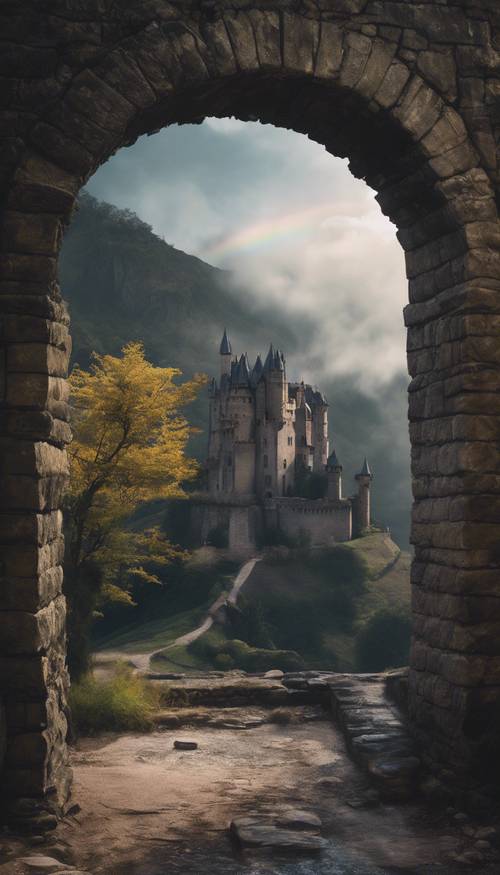 Castillo único y solitario que descansa bajo el arco etéreo de un arco iris negro.