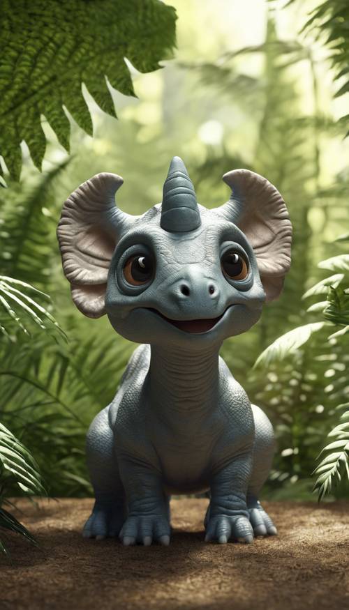 A baby Triceratops with friendly eyes sitting curiously under the shade of large ferns, exploring its surrounding. Tapeta [b8f9028e4b2f4fecbe88]