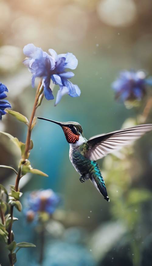 A hummingbird hovering near an exotic black and blue flower.