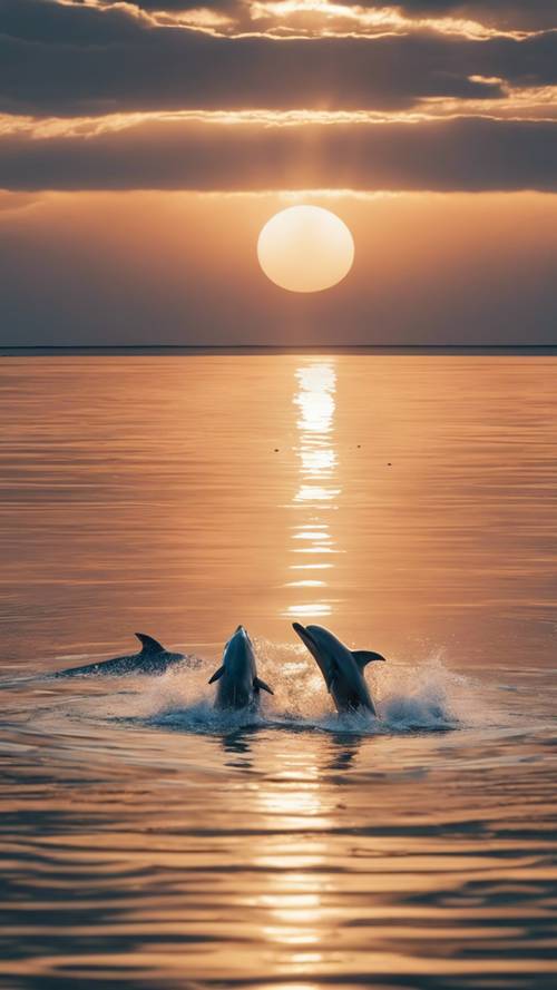 Um grupo de golfinhos seguindo um barco de pesca ao amanhecer, criando ondulações na superfície espelhada do mar.