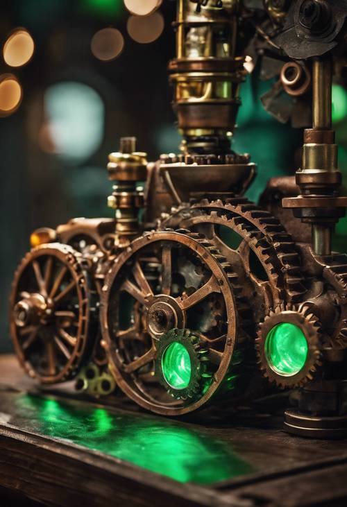 Yeşil ışıklar ve kahverengi, paslı dişlilerle stilize edilmiş bir steampunk sahnesi.