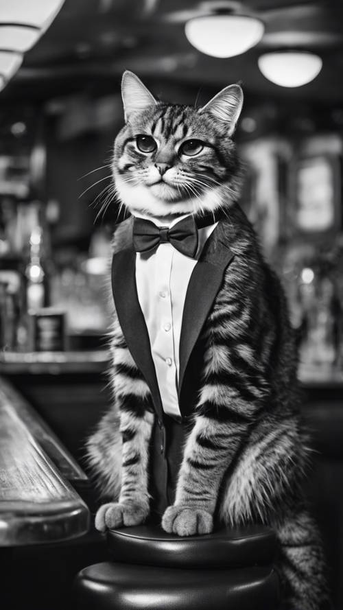 一张黑白复古照片，照片上有一只戴着太阳镜和领结的酷酷的虎斑猫，坐在爵士酒吧的酒吧凳上。