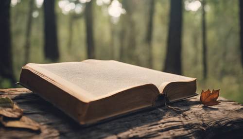 Primo piano dettagliato di un libro indipendente usurato con copertina in legno, sullo sfondo di una foresta sfumata.