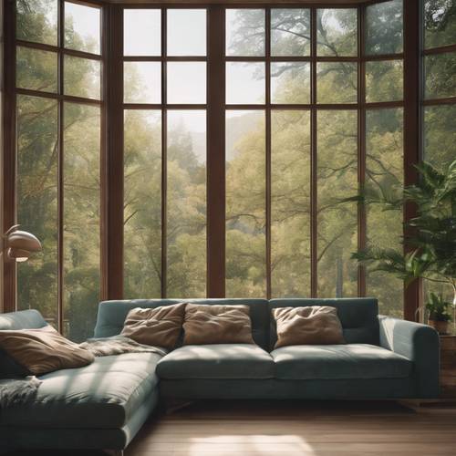 غرفة معيشة مستوحاة من الطبيعة مع نافذة كبيرة تطل على غابة هادئة.