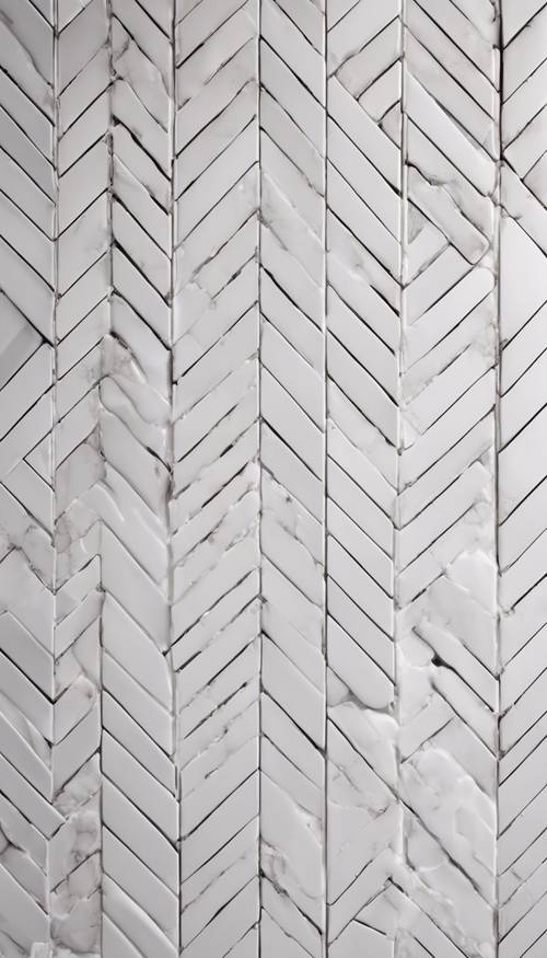 White herringbone-patterned subway tiles for a bathroom wall.