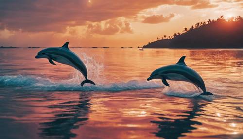 Colorful sunset over a tropical island, decorated with dancing dolphins jumping out of the water.