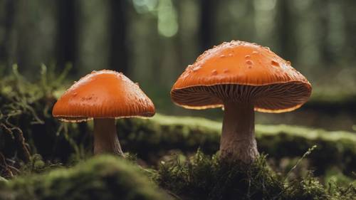 Yosunlu orman zemininde parlak şapkalı tek bir neon turuncu mantarın yakın çekimi.