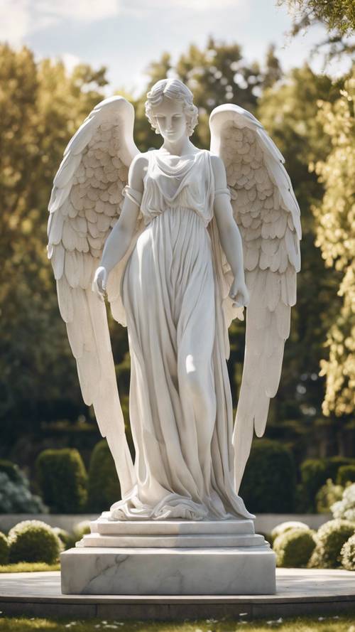A tall, majestic white marble statue of a winged angel in a peaceful garden