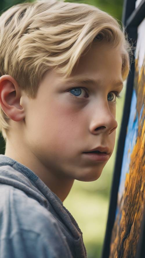 A quiet profile portrait of a blonde teen boy, his blue eyes reflecting intense focus, as he paints intricate nature scenery onto a canvas in his bedroom. Tapeet [bb3f180daea741218459]