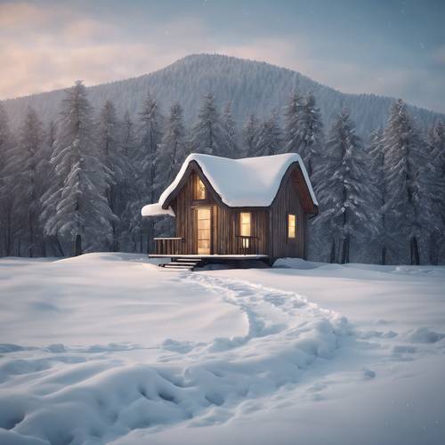 Modern winter landscape with lone wooden cabin decorated minimalistically for Christmas Wallpaper [e1e5a3abd3c34738b626]