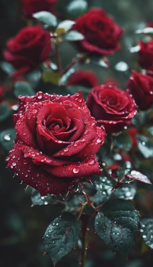 修剪得很漂亮的玫瑰叢，開著深紅色的花朵，綴滿露珠。