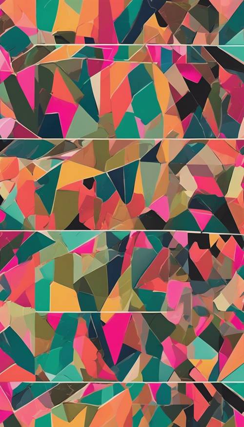 Interpretasi modern dari pola kamuflase klasik, terdiri dari bentuk geometris tajam dengan jalur warna cerah dan berani.