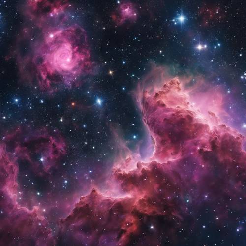 Yıldızlı gece gökyüzünün arka planında canlı nebulaların bulunduğu evrenin panoramik manzarası.