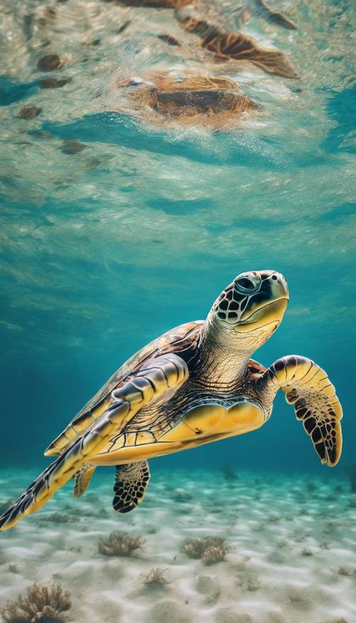 这是一只充满活力的绿海龟的图像，它在清澈湛蓝的海水中优雅地游动。