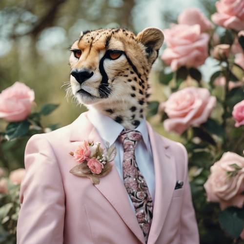 Cheetah participando de uma festa no jardim, vestindo um terno em tons pastéis com um buquê de rosas Papel de parede [c82a18e546d14ba4bdf3]