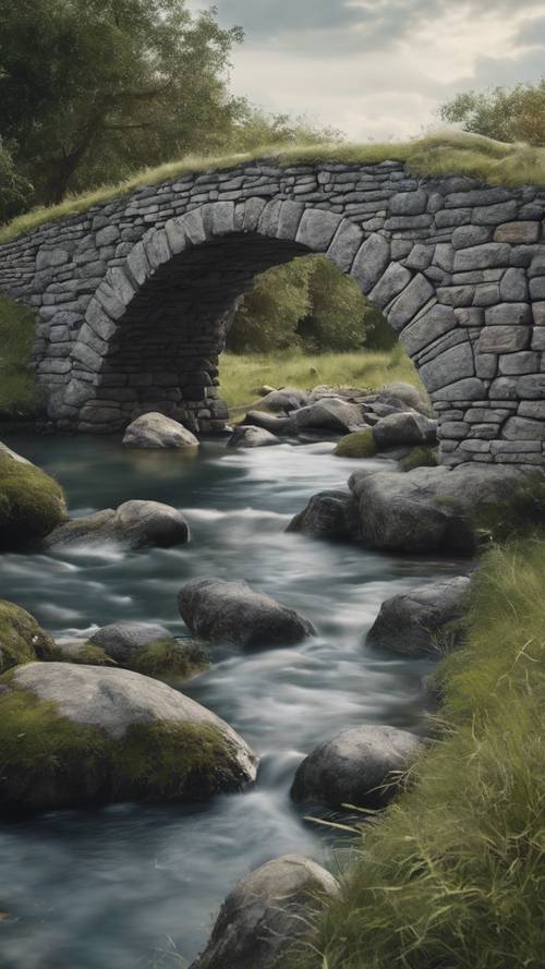 Uma ponte de pedra cinza cortando uma paisagem campestre serena, com água fluindo pacificamente por baixo.