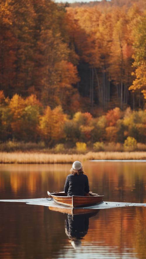 Uma mulher desfrutando de sua solidão, navegando em um lago tranquilo cercado por uma paleta de cores outonais.