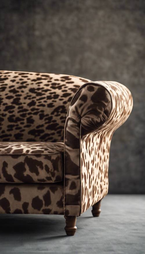 A sofa upholstered in a fabric emulating unique brown cow print