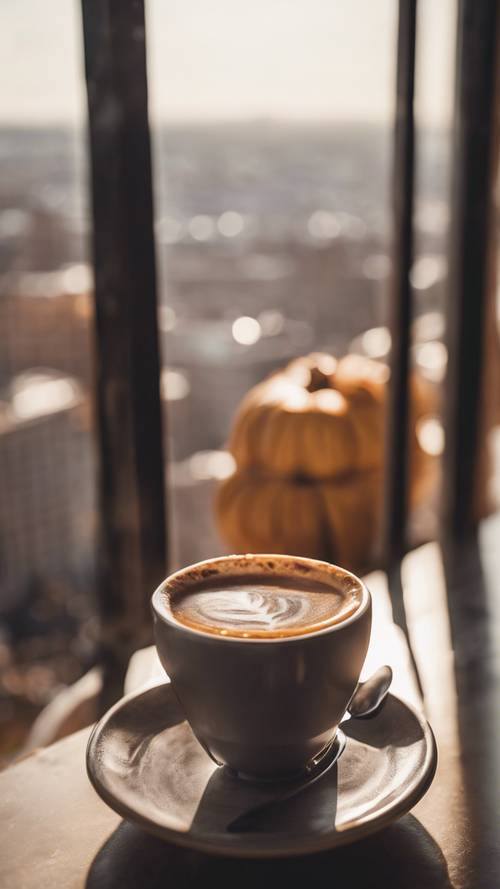 가을 미각의 축복을 받은 도시가 내려다보이는 발코니에서 김이 모락모락 나는 커피 한잔.