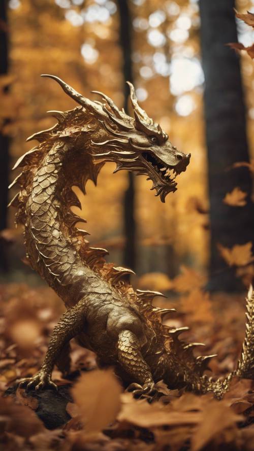Un dragón dorado y fresco girando en una danza con hojas de otoño en un antiguo bosque místico.