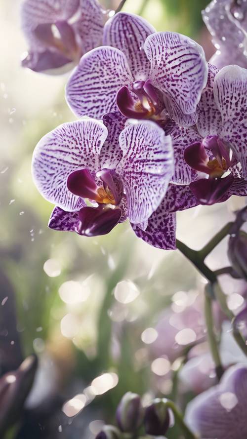 Orquídeas moradas y blancas en plena floración, brillando en el suave rocío de la mañana.