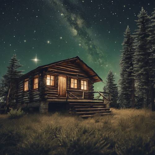 A rustic wooden cabin surrounded by sage green textured pine trees under a starry night.