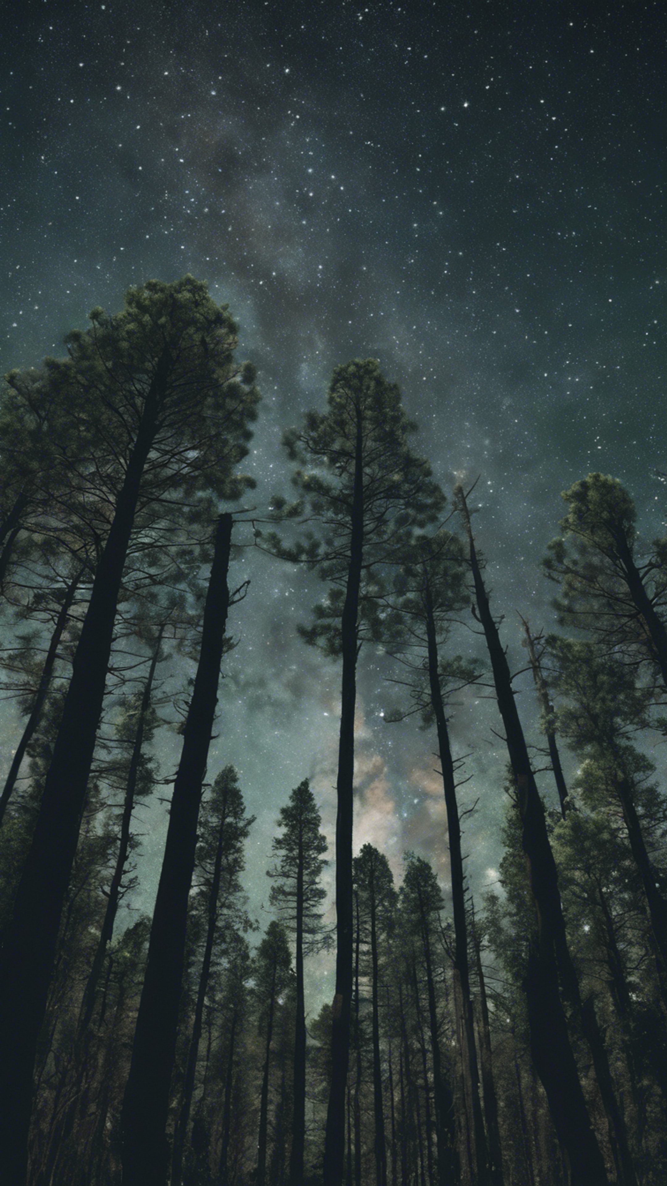 A wilderness scene with tall, dark green pine trees occluding the stars. 벽지[a450718e497a48169b60]