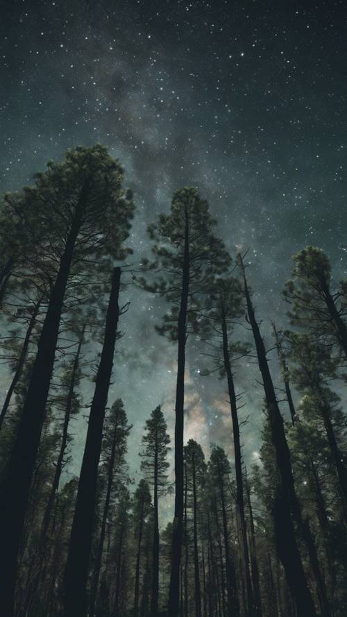 Una escena salvaje con pinos altos de color verde oscuro que ocultan las estrellas.