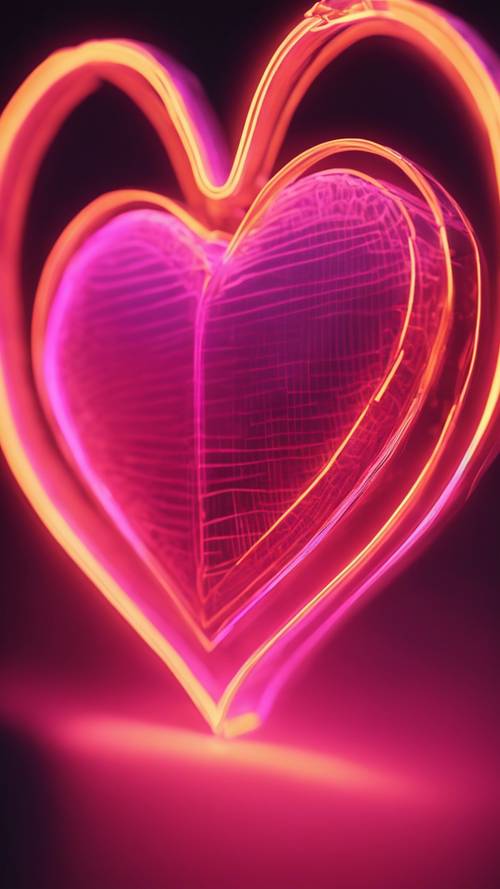 A neon gradient heart glowing in the dark with vibrant shades of pink and orange.