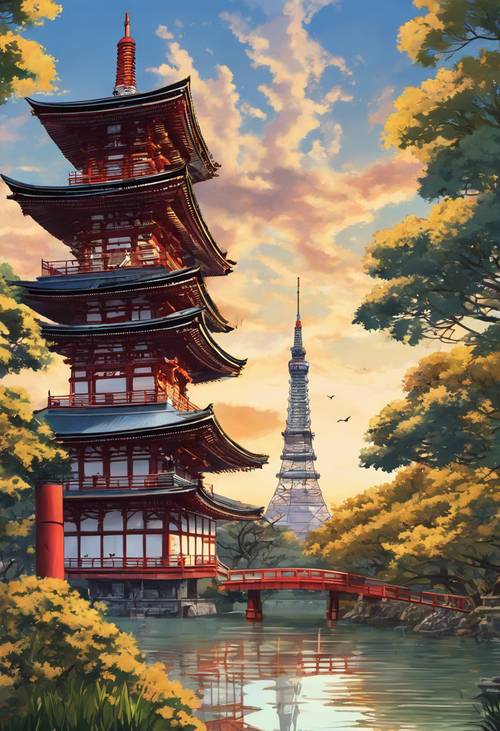 Uma pintura serena em estilo anime do Templo Zojoji com a Torre de Tóquio ao fundo.