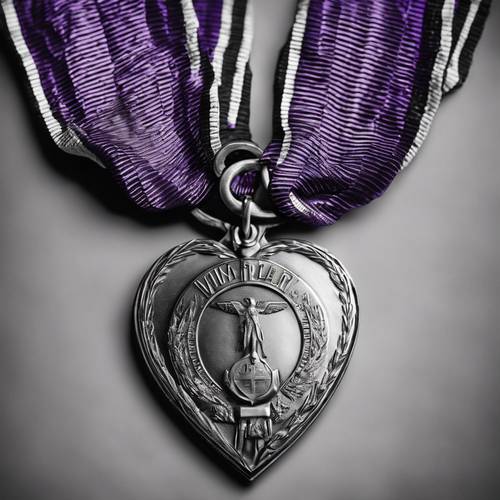 Uma fotografia em preto e branco de uma medalha Purple Heart da era da Guerra do Vietnã.