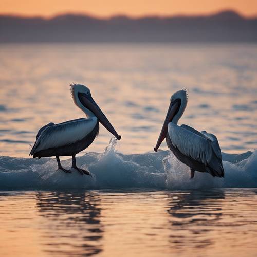 A group of pelicans fishing in the ocean at the break of dawn.