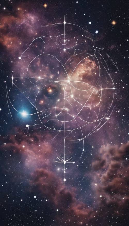 星が輝く神秘的な夜空の壁紙　-　星座のシンボルが色とりどりに輝く神秘的な夜空