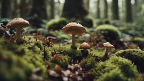 A whimsical setting of mushrooms and moss in a September forest Kertas dinding [93a38b98f8434a619807]