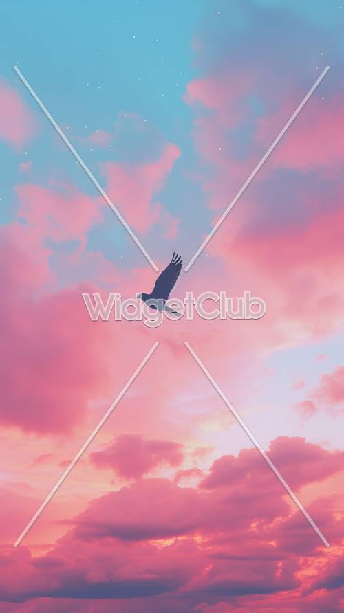 Latający ptak na tle różowego i błękitnego nieba