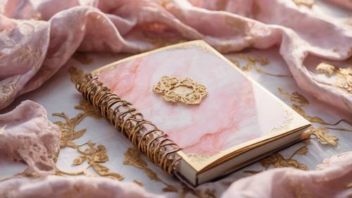 Journal en marbre rose avec pages à bords dorés sur une nappe en dentelle blanche.