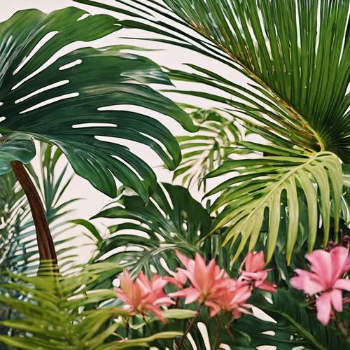 Folhagem de monstera e folhas de palmeira emoldurando uma vista de flores tropicais.